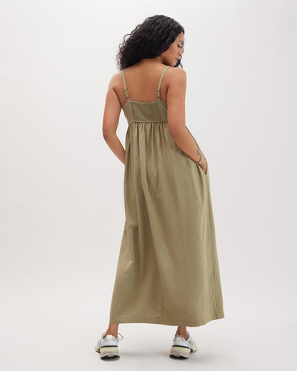 Womens Linen Maxi Dress - Rayon Linen Woven - Dried Sage