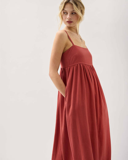 Womens Linen Maxi Dress - Rayon Linen Woven - Marsala
