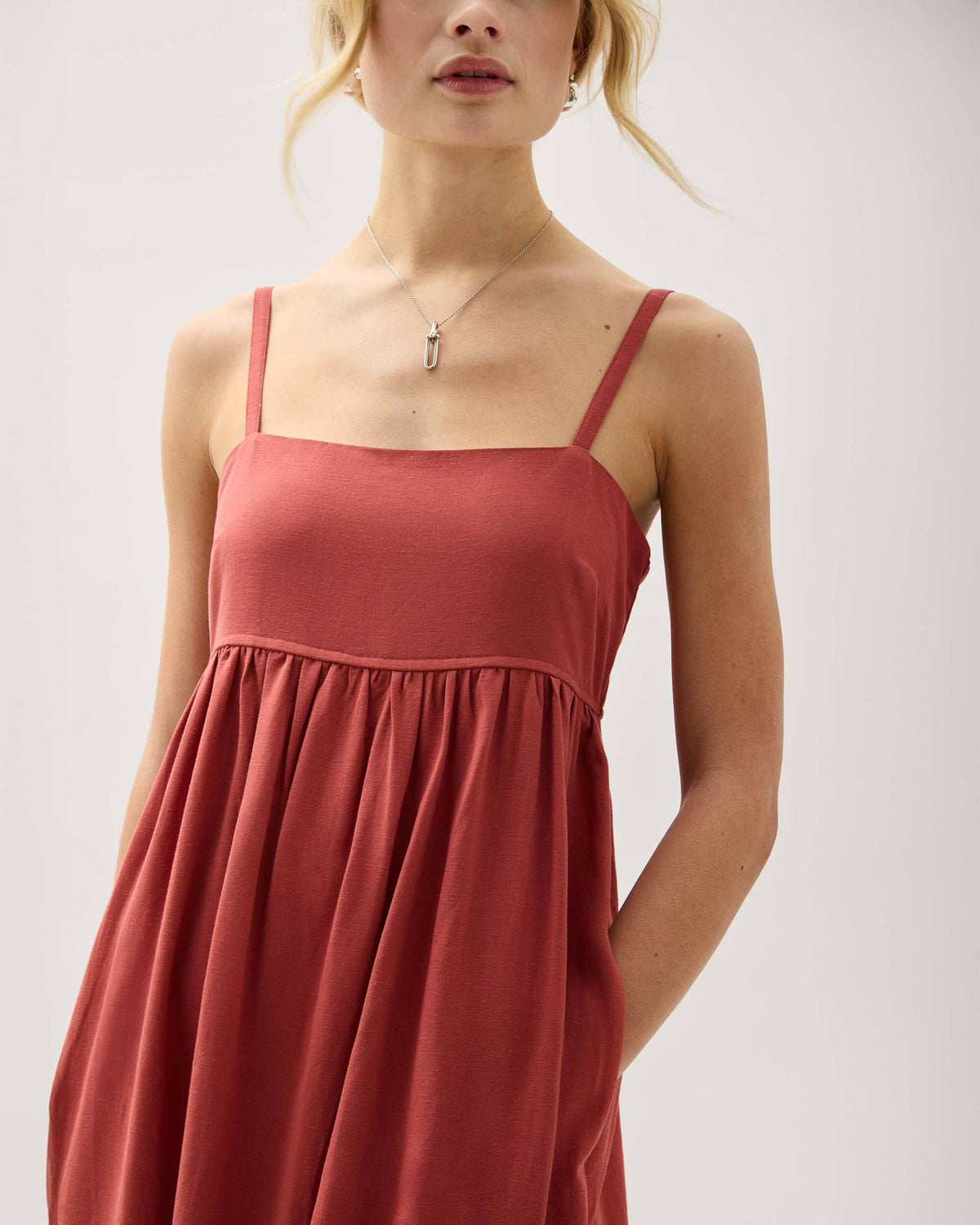 Womens Linen Maxi Dress - Rayon Linen Woven - Marsala