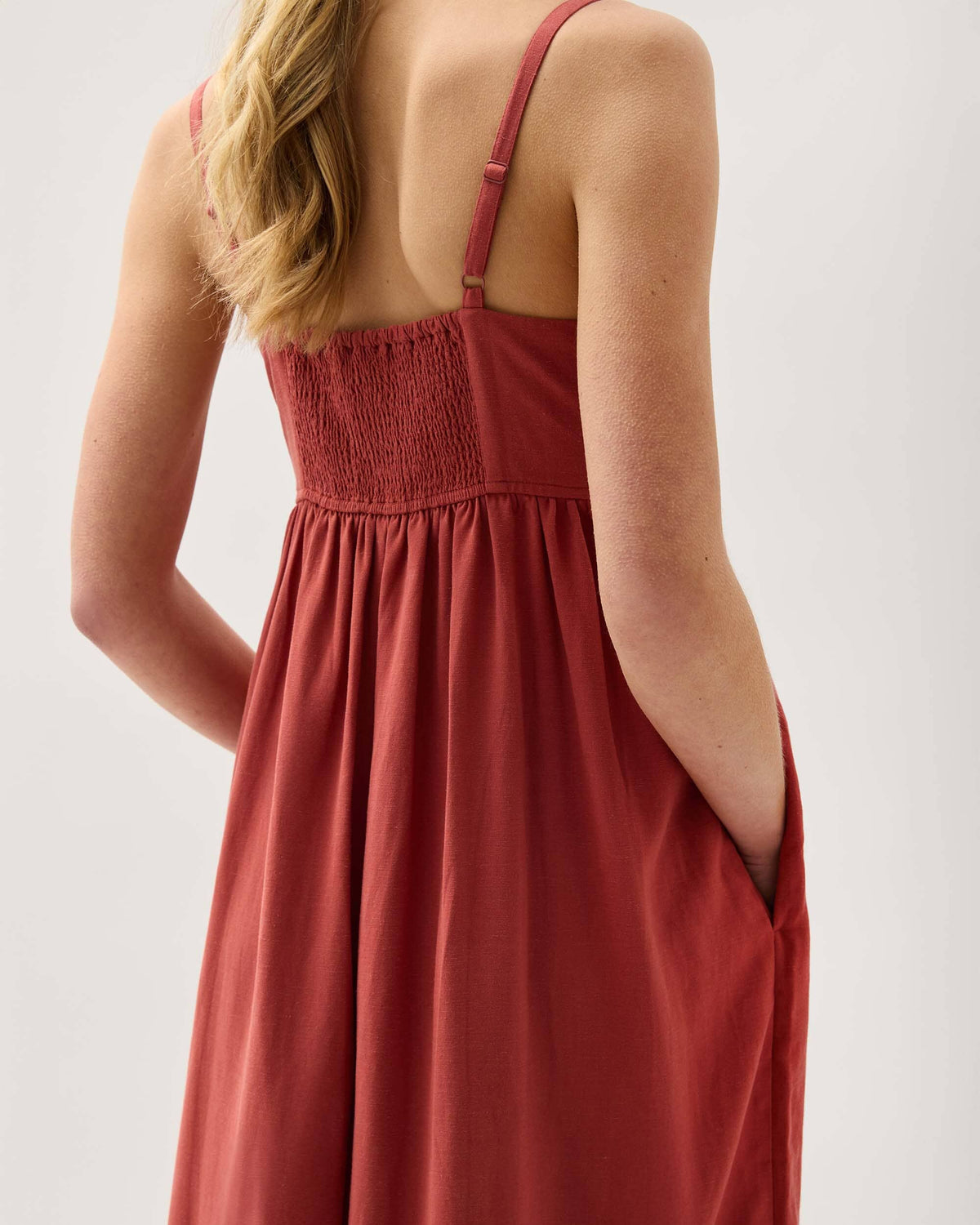 Womens Linen Maxi Dress - Rayon Linen Woven - Marsala