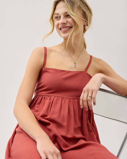 Womens Linen Maxi Dress - Rayon Linen Woven - Marsala