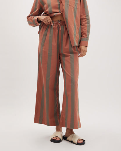 Womens Venice Drawstring Pant - Cotton Rayon Woven - Russet Sage Stripe