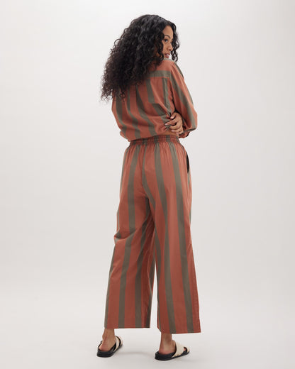Womens Venice Drawstring Pant - Cotton Rayon Woven - Russet Sage Stripe