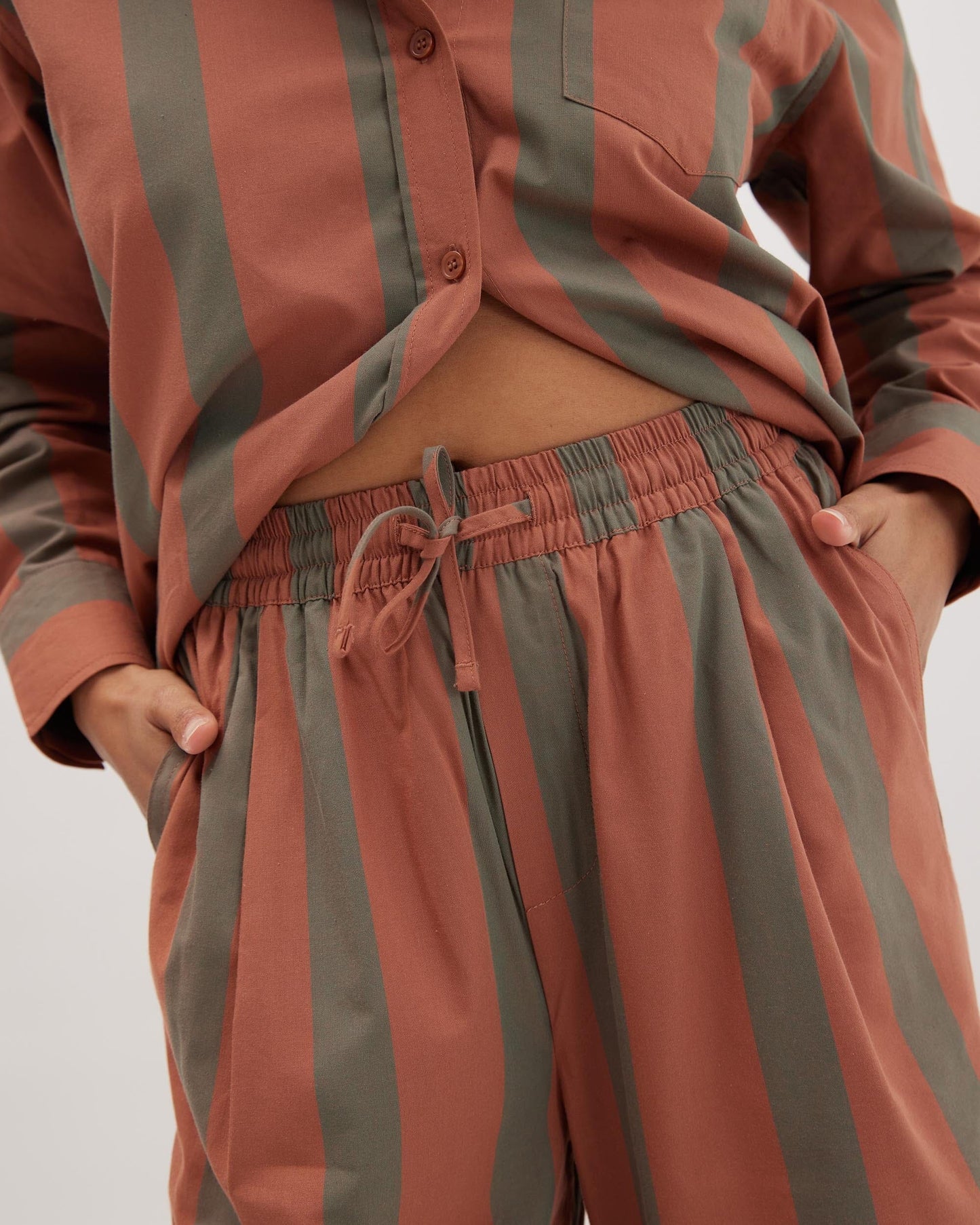 Womens Venice Drawstring Pant - Cotton Rayon Woven - Russet Sage Stripe