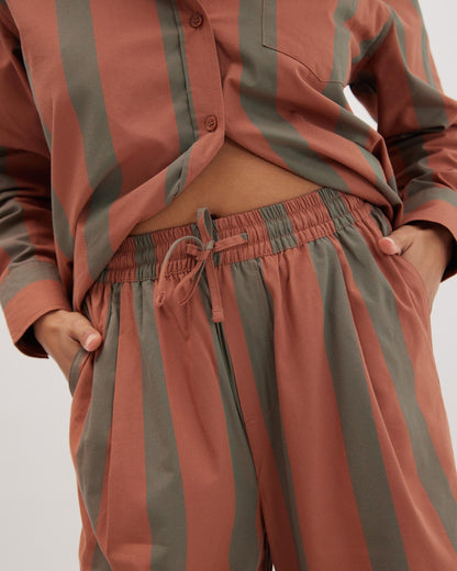 Womens Venice Drawstring Pant - Cotton Rayon Woven - Russet Sage Stripe