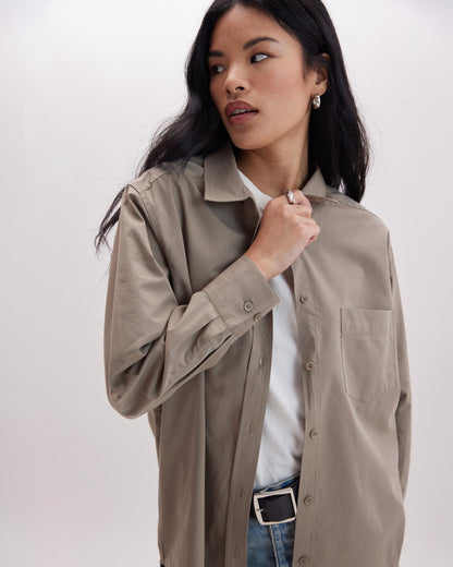Womens Venice Button Up Shirt - Cotton Rayon Woven - Warm Grey