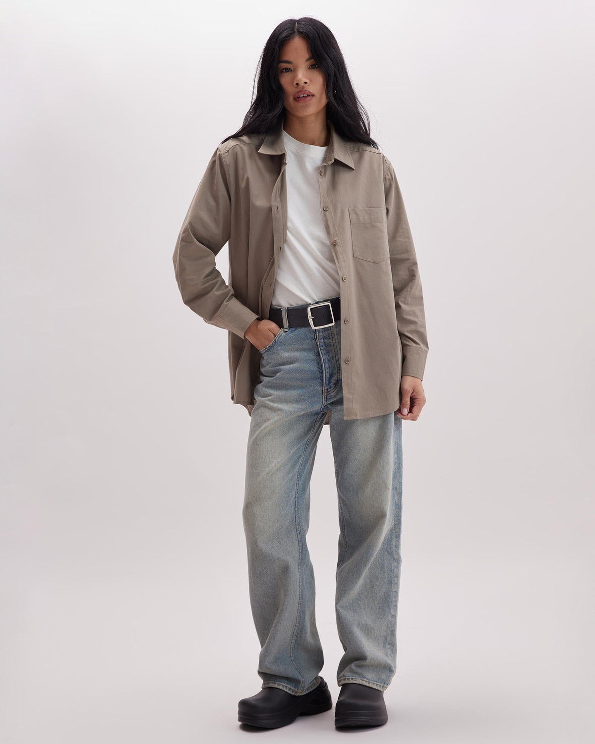 Womens Venice Button Up Shirt - Cotton Rayon Woven - Warm Grey