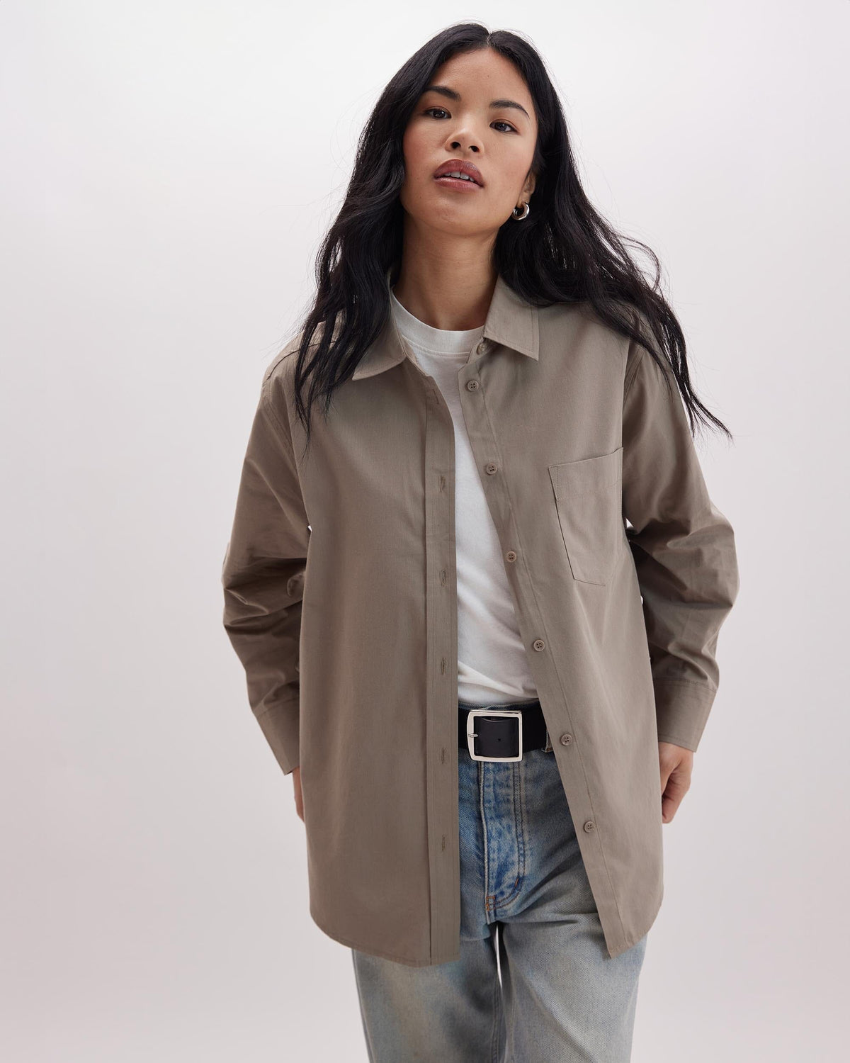 Womens Venice Button Up Shirt - Cotton Rayon Woven - Warm Grey