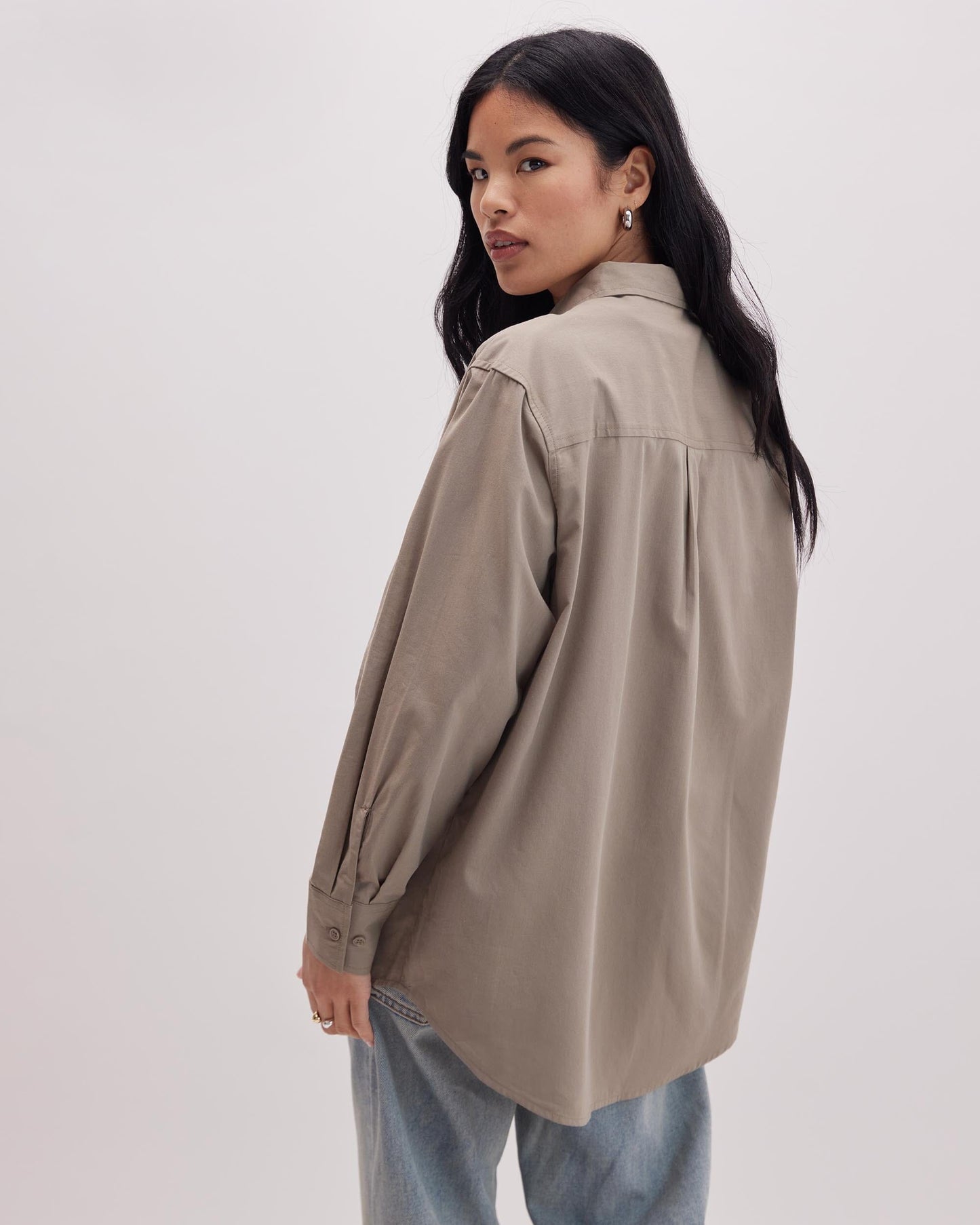 Womens Venice Button Up Shirt - Cotton Rayon Woven - Warm Grey