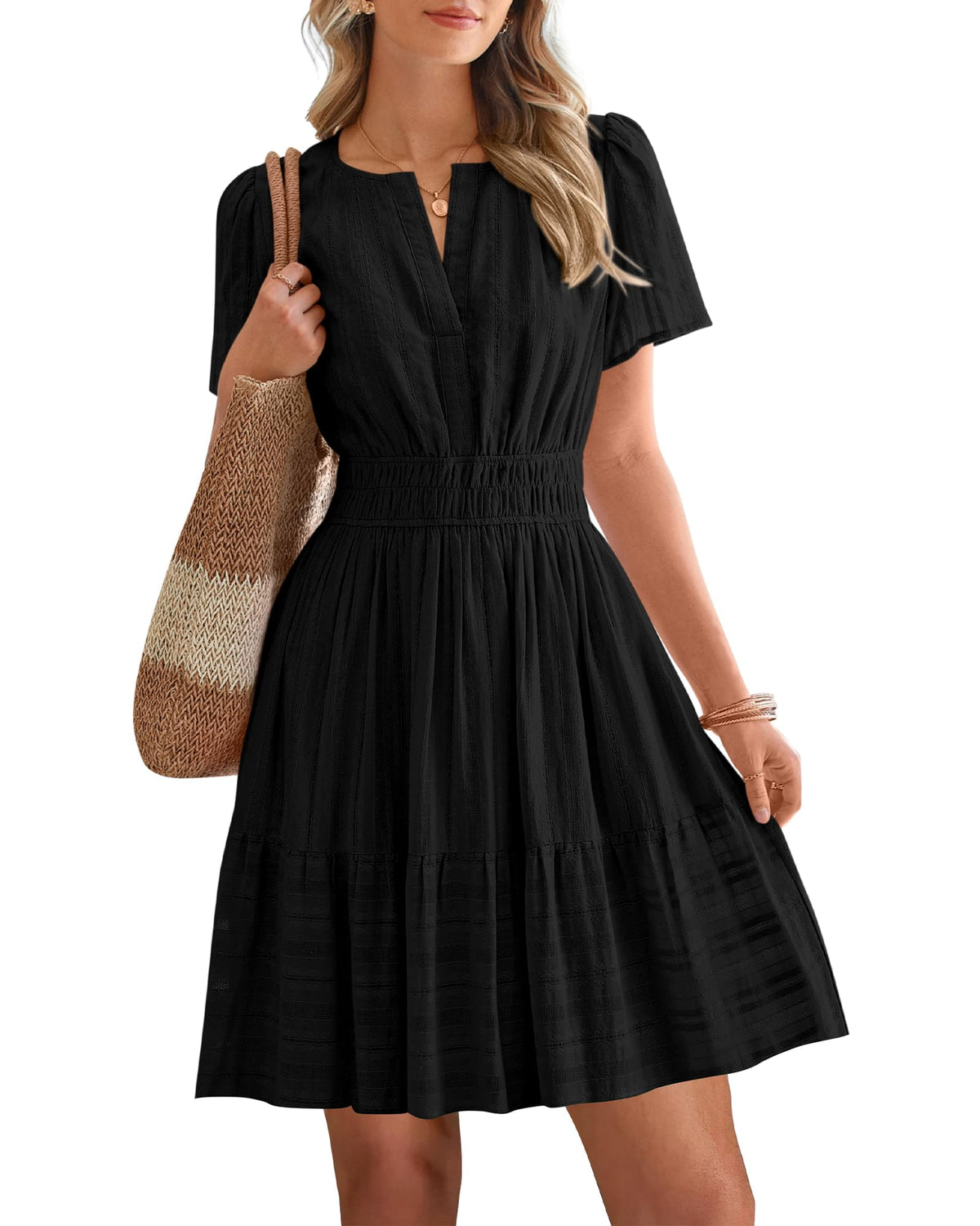 Women's V-Neck Elastic Waist Tiered Mini Dress