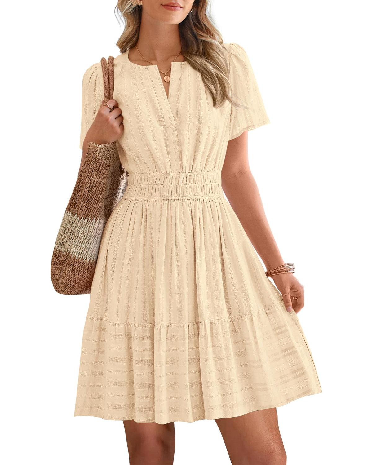 Women's V-Neck Elastic Waist Tiered Mini Dress