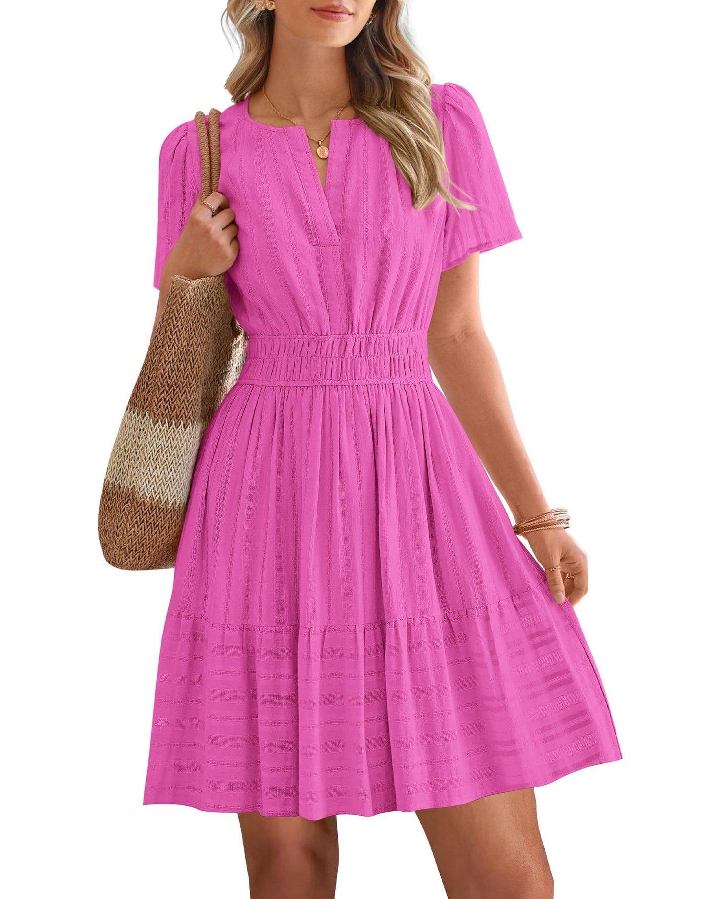 Women's V-Neck Elastic Waist Tiered Mini Dress