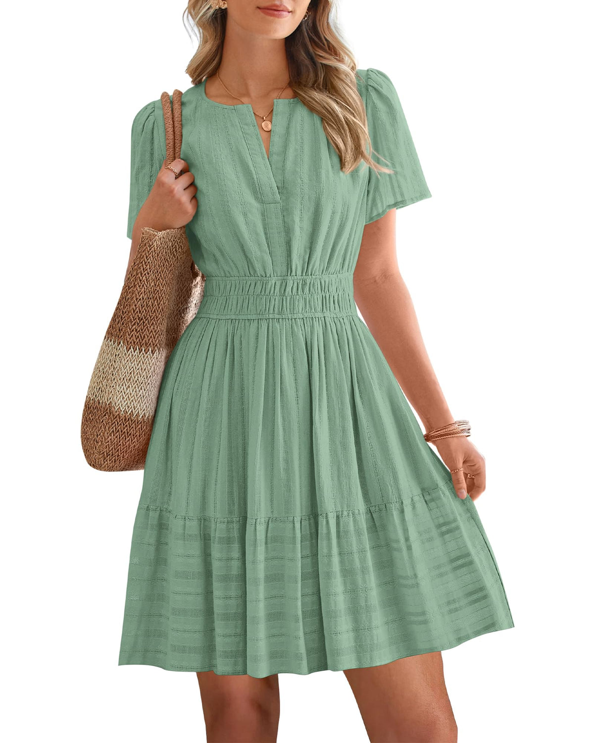Women's V-Neck Elastic Waist Tiered Mini Dress