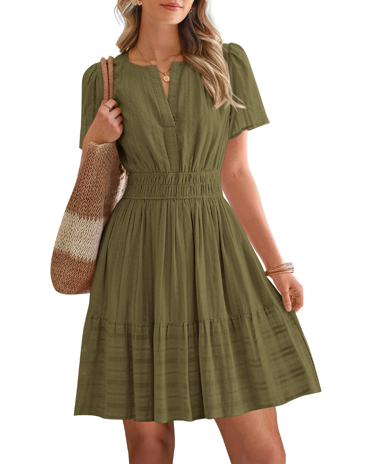 Women's V-Neck Elastic Waist Tiered Mini Dress