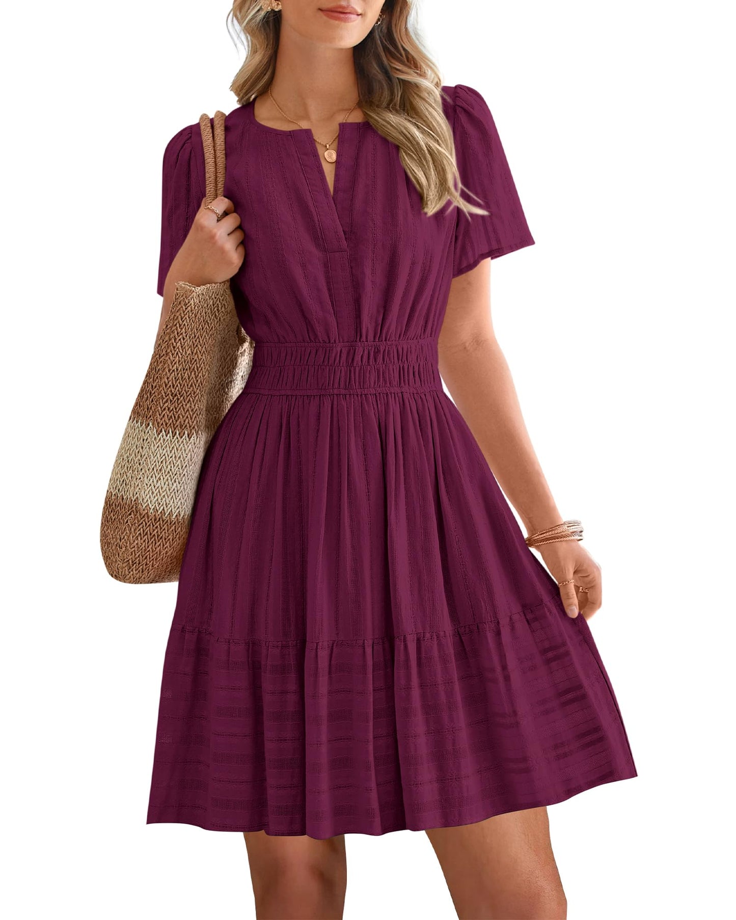 Women's V-Neck Elastic Waist Tiered Mini Dress