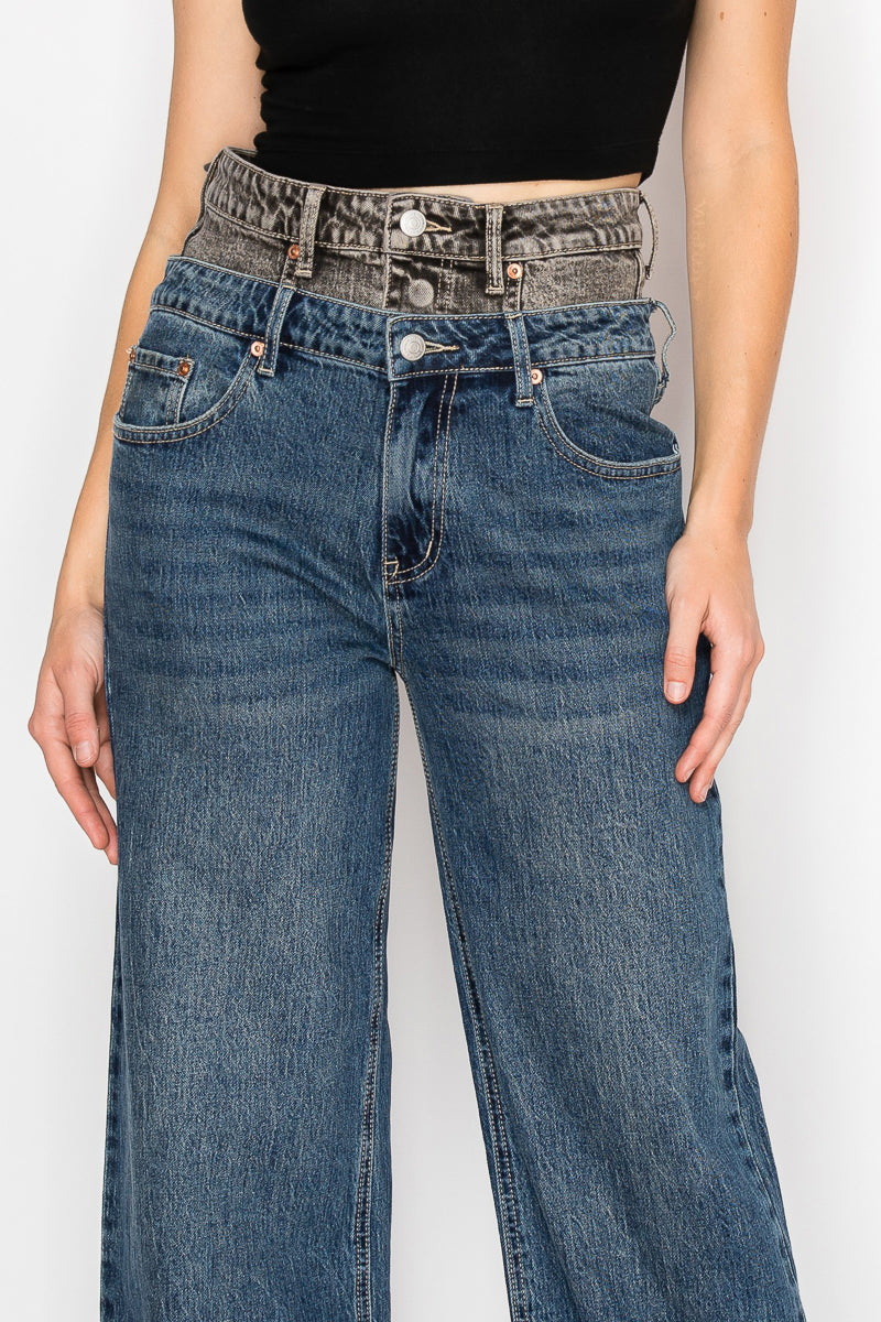 Double Snap On Waistband Layered Ultra High Rise Wide Jeans