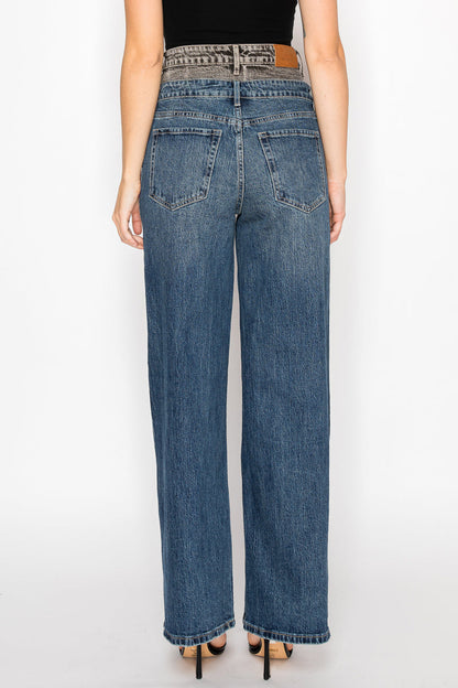Double Snap On Waistband Layered Ultra High Rise Wide Jeans