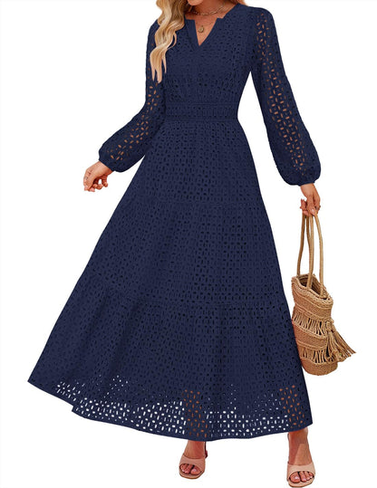Women's 2026 V Neck Hollow Out Eyelet A Line Long Flowy Dresses