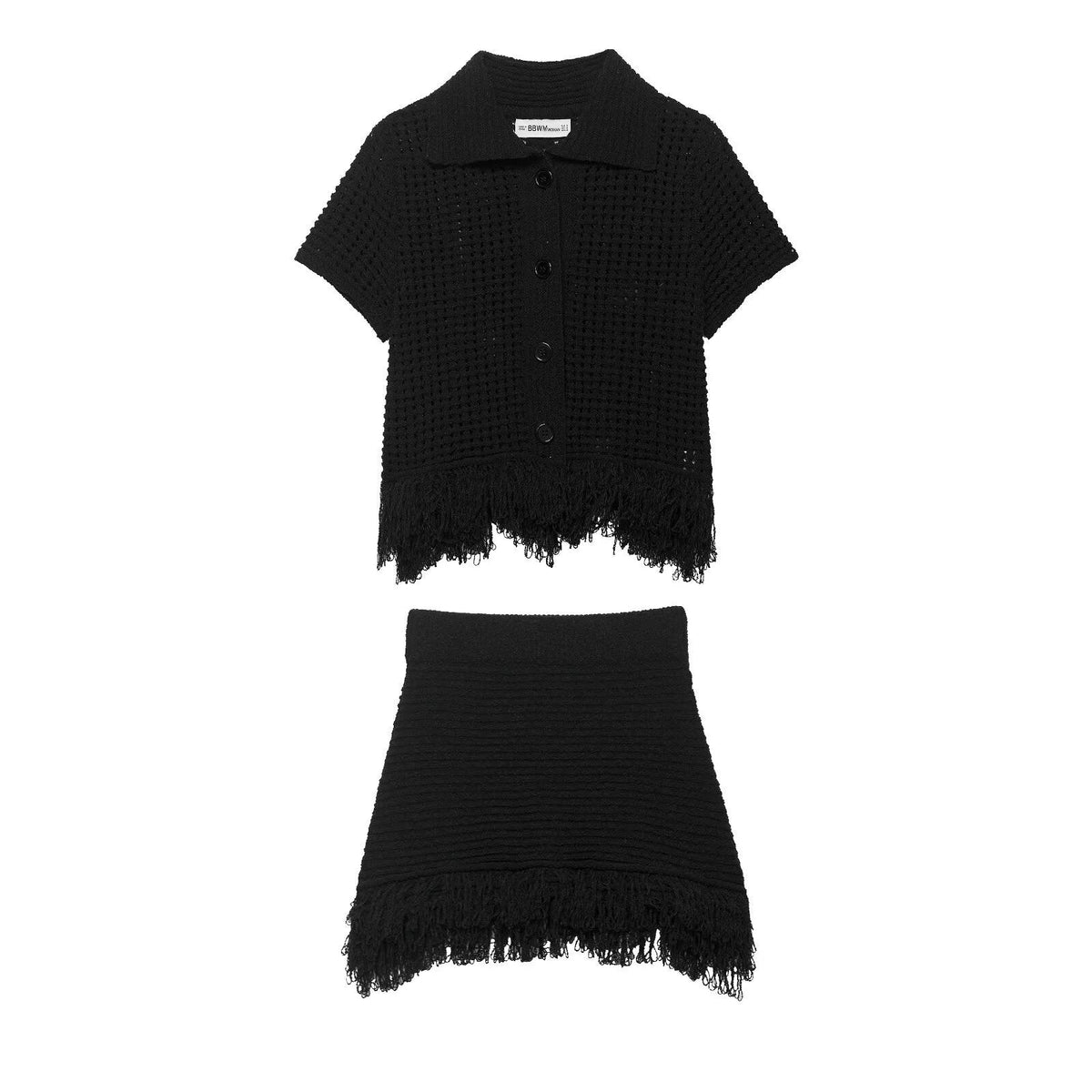 Tassel embellished plaid knitted jacket+half skirt set