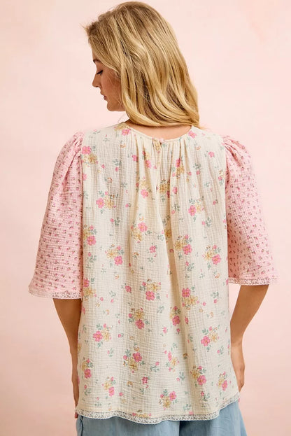 BiBi Crinkle Floral Gauze Mix And Matched Blouse Top