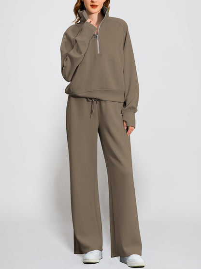 Women's Oversized Half Zip Wide Leg 2 Piece Outfits Lounge Set