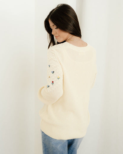 Gemma Mixed Texture Knit Flower Embroidered Detail Casual Sweater