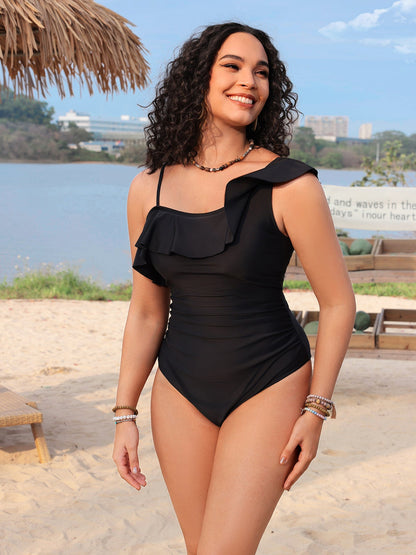Single shoulder lace pleated one-piece swimsuit