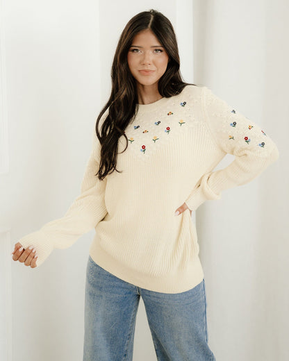 Gemma Mixed Texture Knit Flower Embroidered Detail Casual Sweater