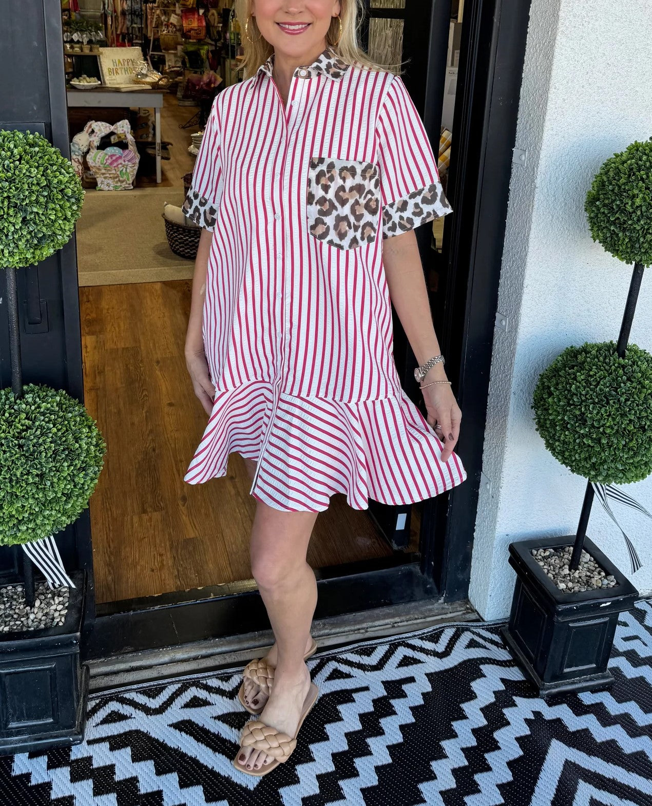 Women's Striped Animal Print Contrast Button Down Dress