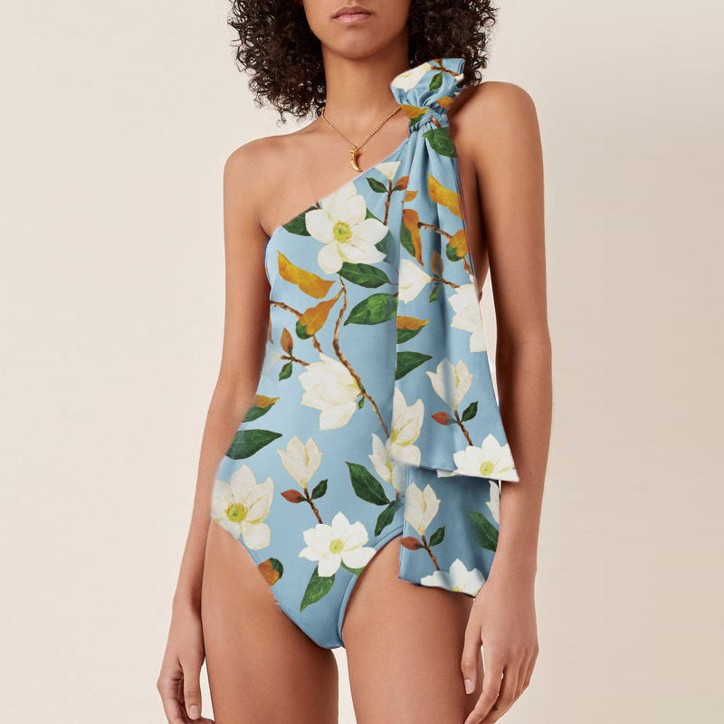 Chic Off-Shoulder Bow Tie Strap One-Piece Swimsuit Set for Women
