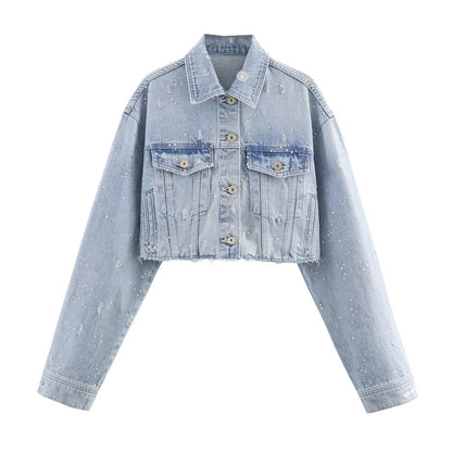 Water drill short denim jacket+pants set