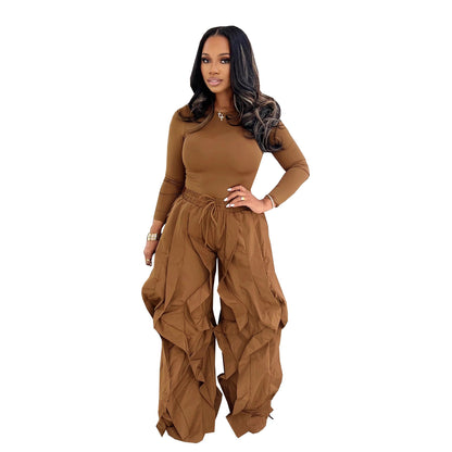 Women's Slim Fit Top with Wide Leg Patchwork Lace Pants, Casual Office Outfit for Autumn and Winter