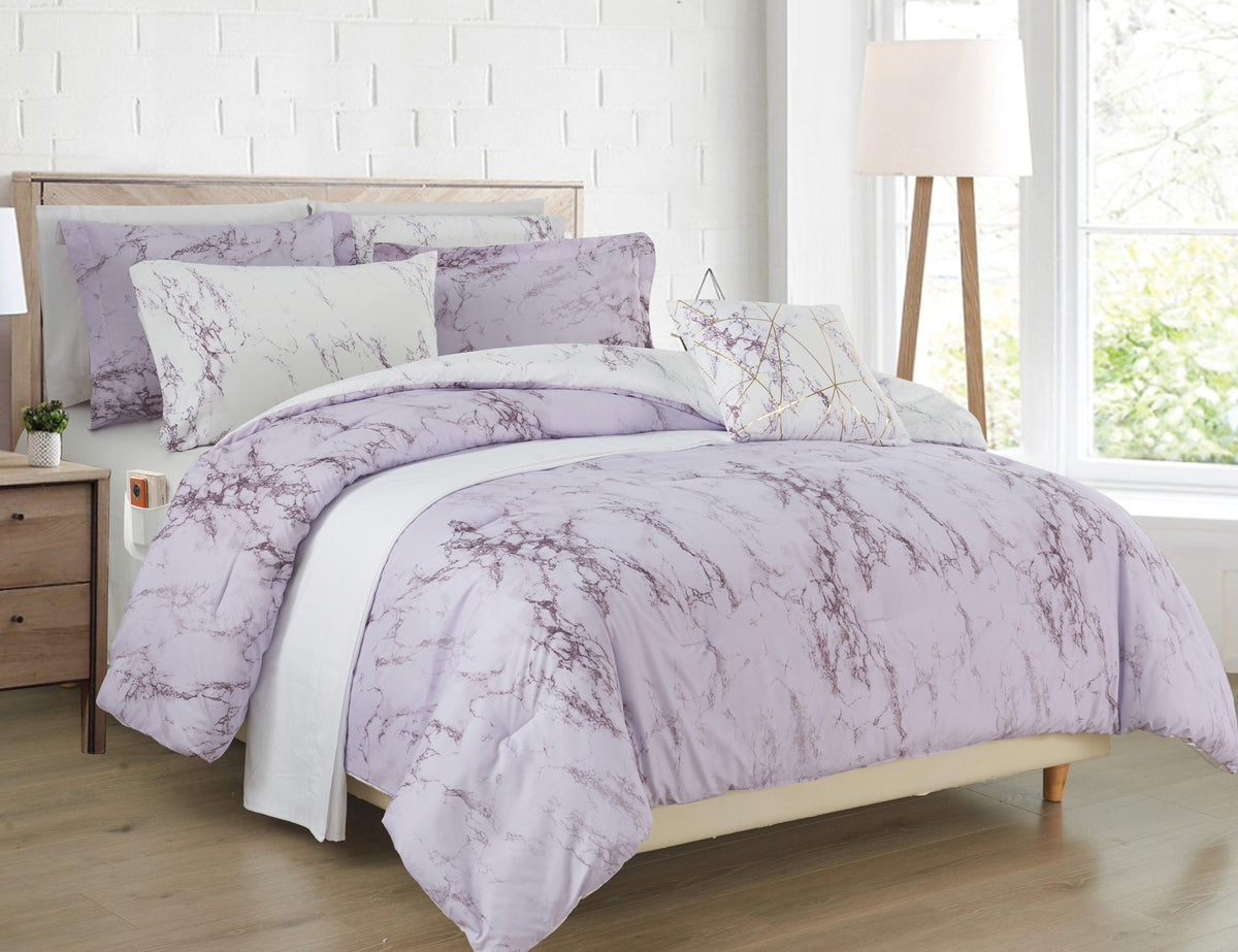 Elegant Comfort Reversible 10-Piece Marble Print Comforter Set, Includes 6-Piece Sheet Set with Double Sided Storage Pockets