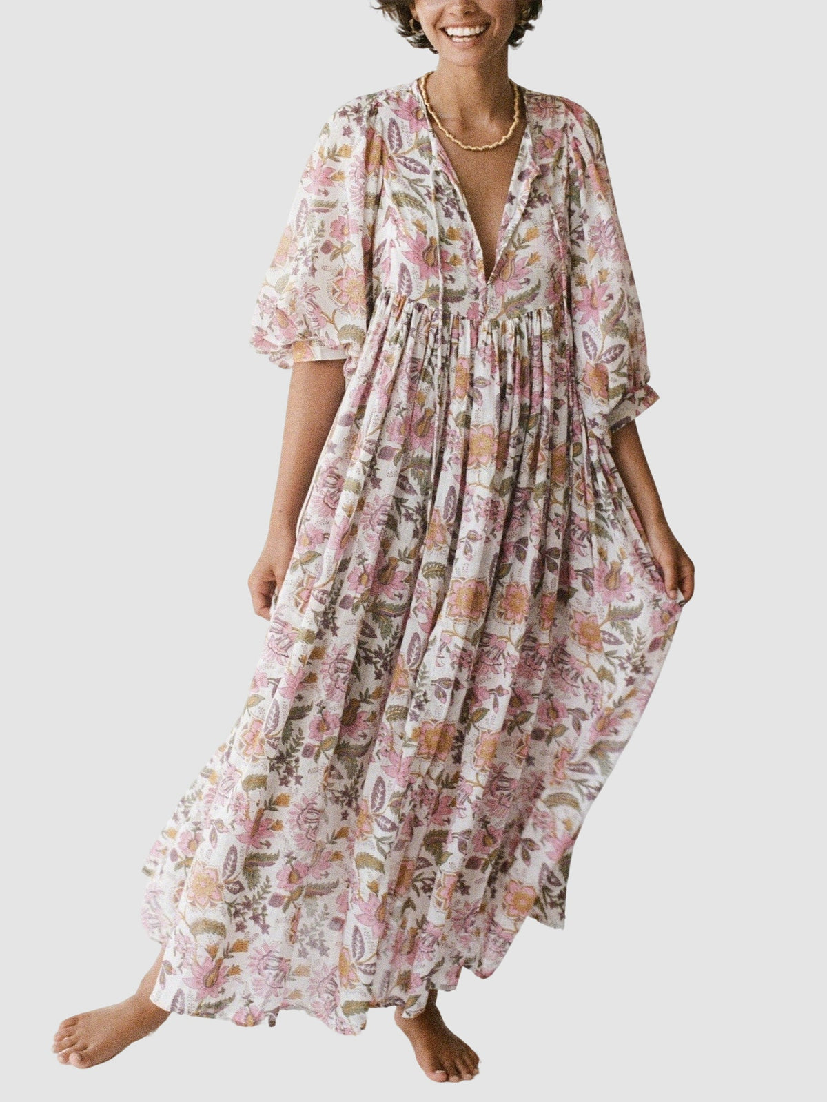 Women's Romantic Floral Lantern Sleeve Flowy Maxi Dress