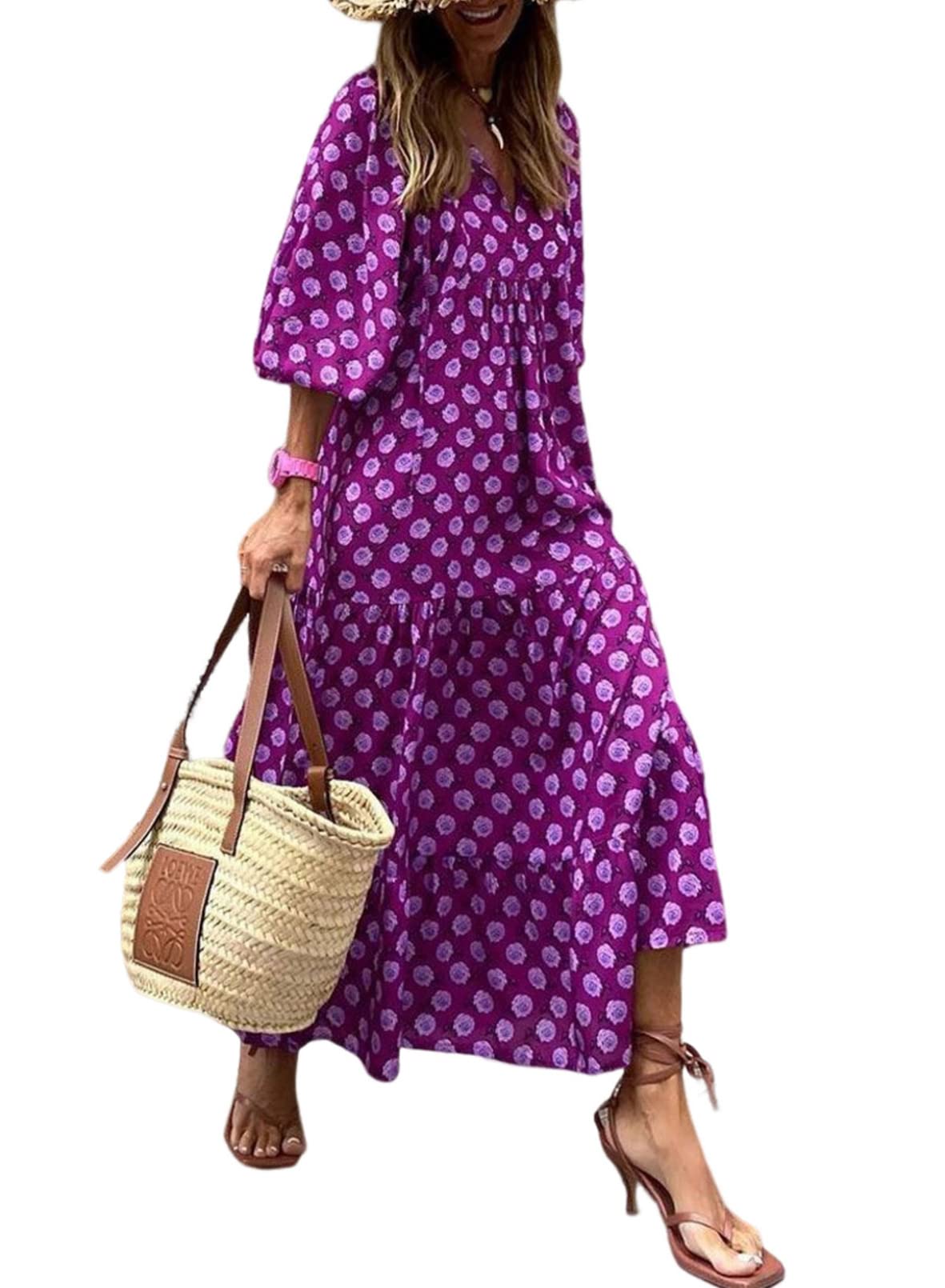 ✨Women's Puff Sleeve Floral Boho Maxi Dress