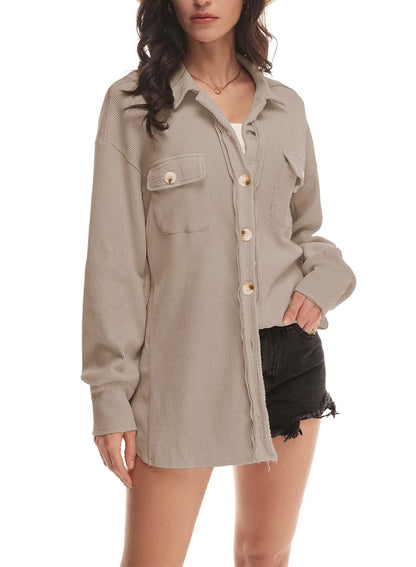 ✨Women's Loose Fit Batwing Sleeve Waffle Knit Button Down Shirt Shacket Tops