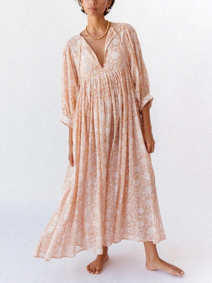 Women's Romantic Floral Lantern Sleeve Flowy Maxi Dress