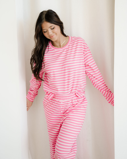 Amayah Stripe Drop Shoulder Round Neck Top and Buttoned Straight Pants Two Piece Set