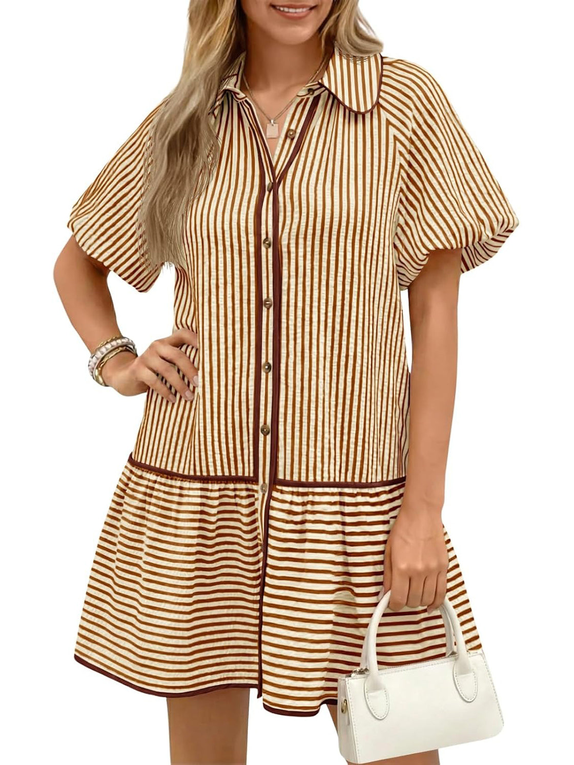 Women's Sweet Striped Lapel Puff Sleeve Midi Dress
