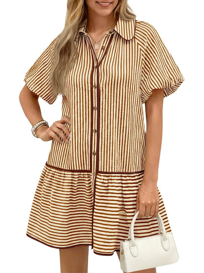 Women's Sweet Striped Lapel Puff Sleeve Midi Dress