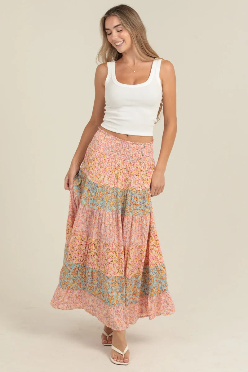 Angie Mixed Print Tiered A Line Maxi Skirt - Pink