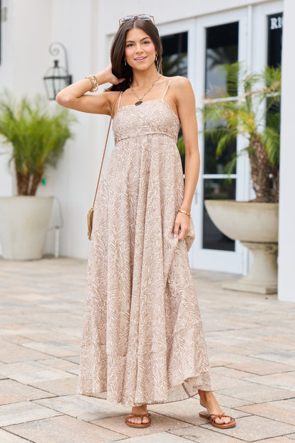 Adele Natural Palm Print Maxi Dress