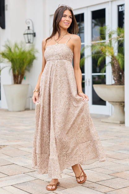 Adele Natural Palm Print Maxi Dress