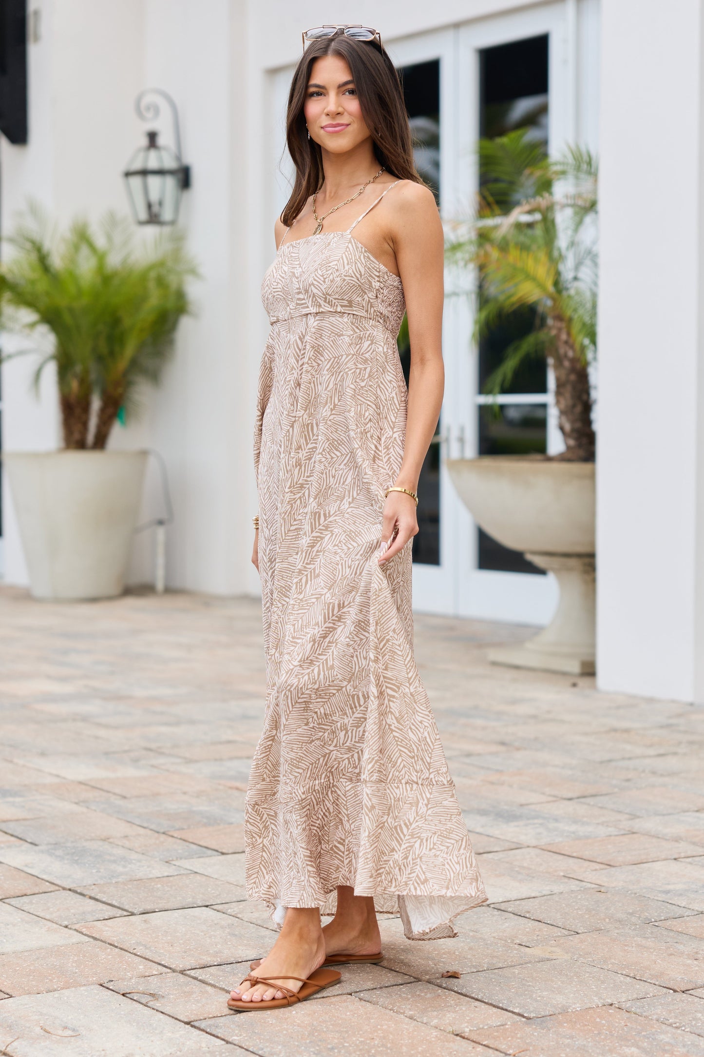 Adele Natural Palm Print Maxi Dress