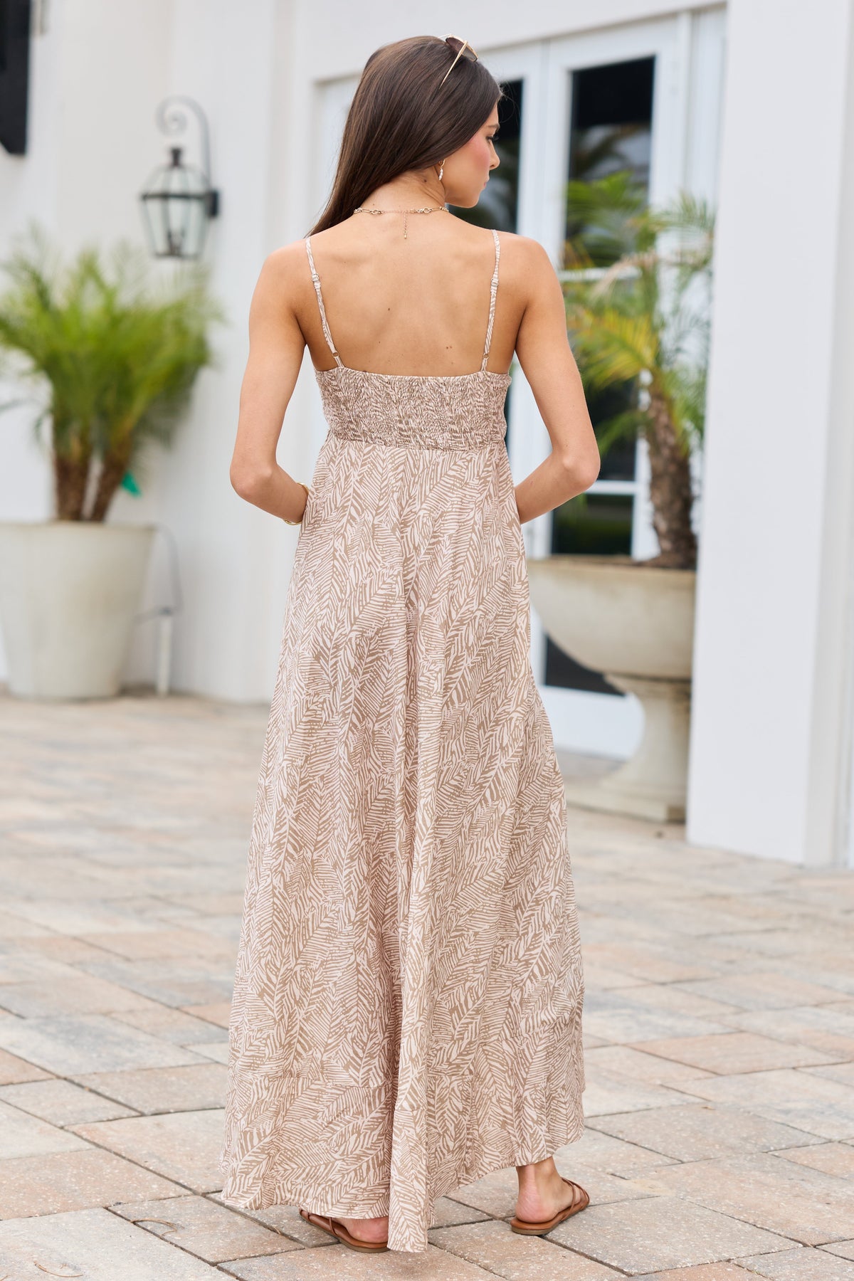 Adele Natural Palm Print Maxi Dress
