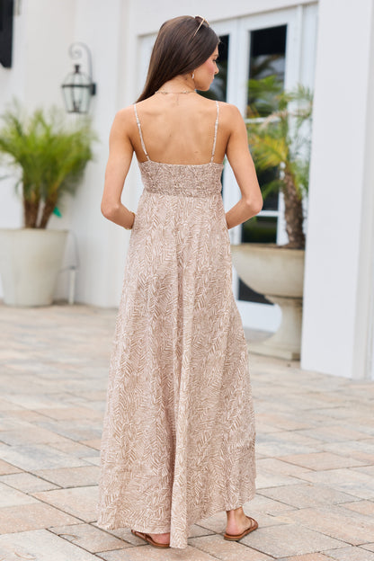 Adele Natural Palm Print Maxi Dress