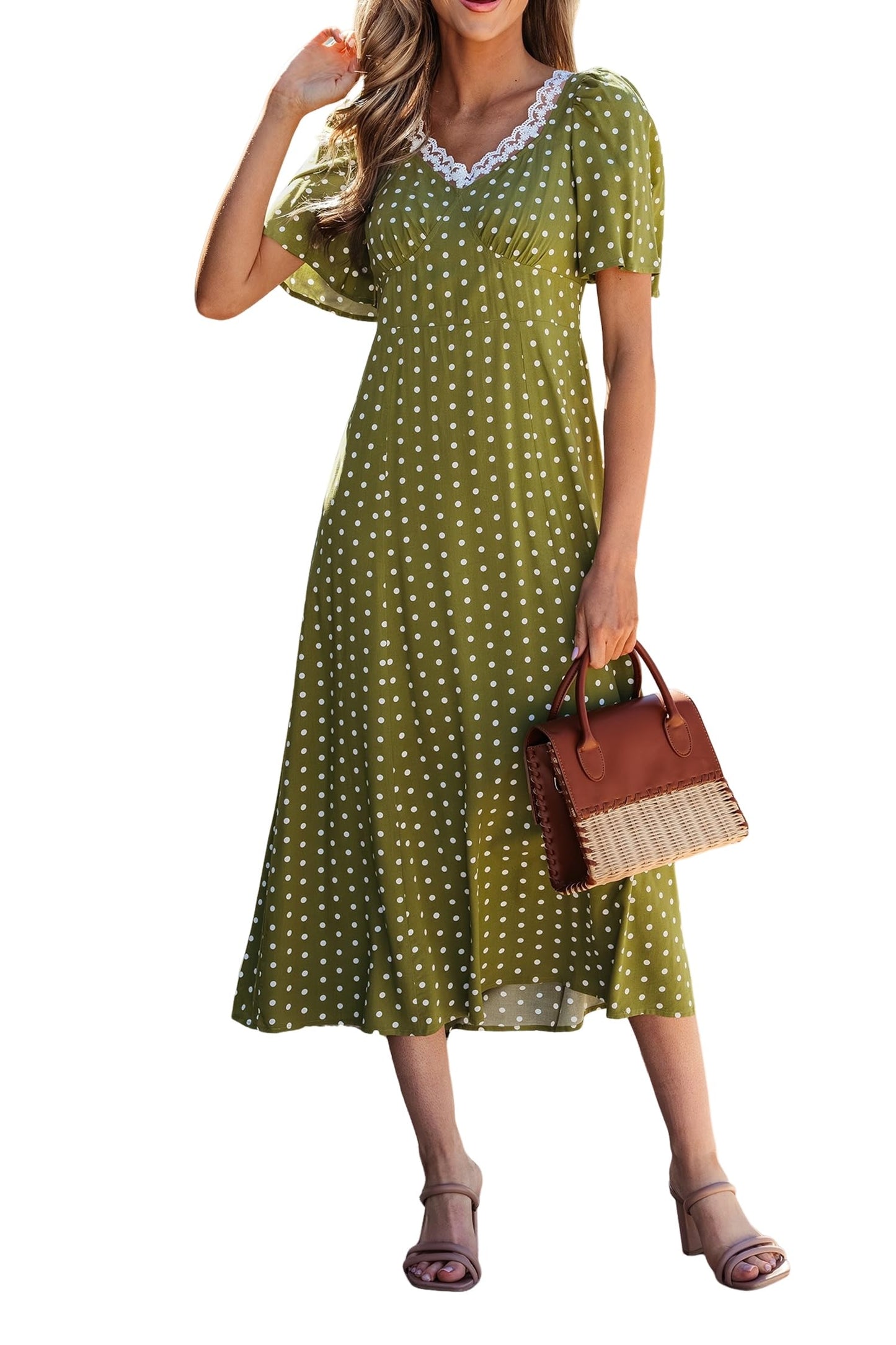 HOT SALE Women's Polka Dot Lacy Neckline Smocked High Waist Maxi Dress