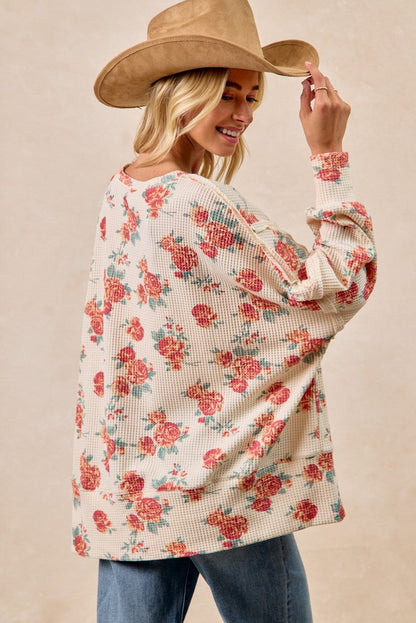 BiBi Floral Print Oversized Waffle Thermal Top