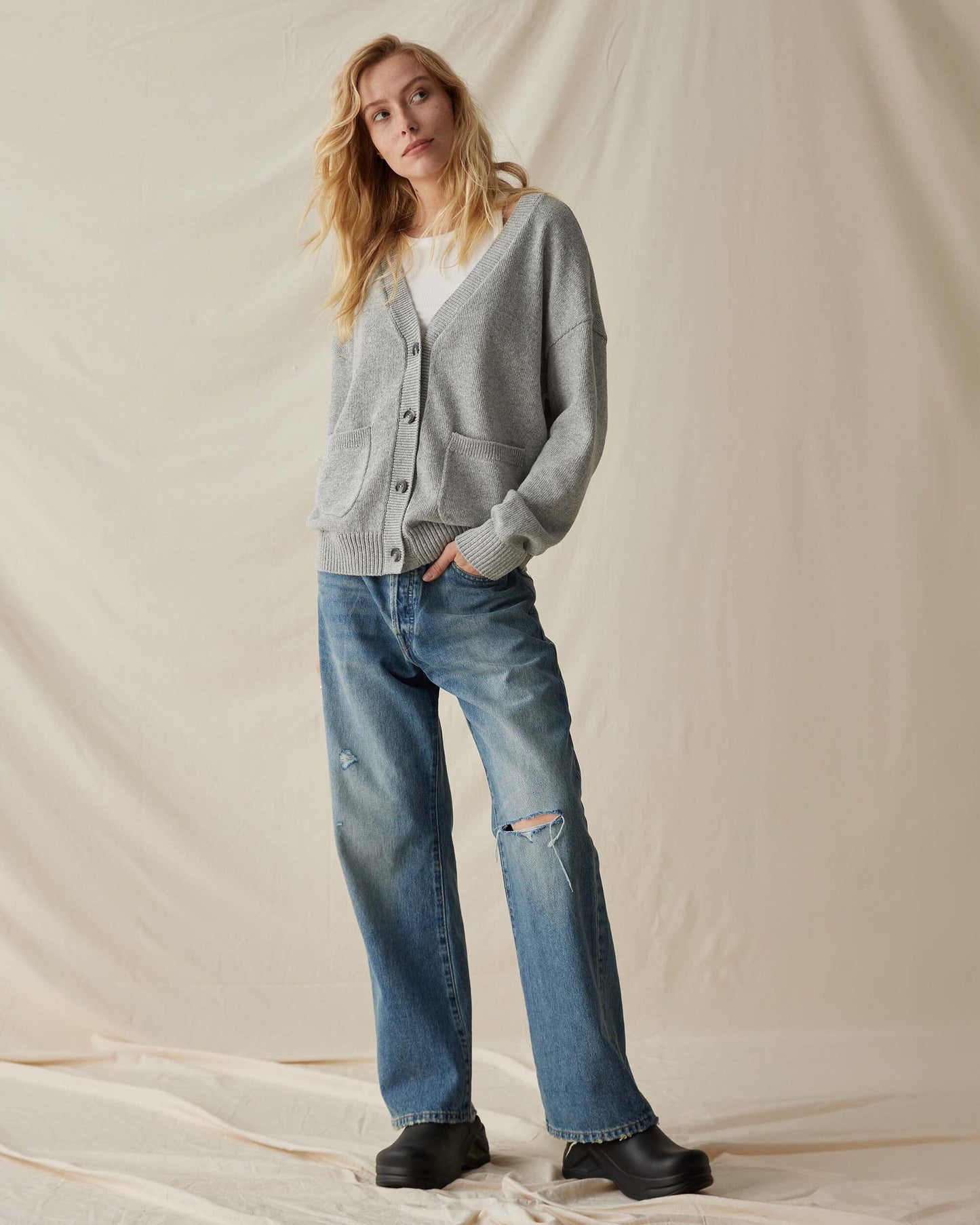 Womens Alexa Lightweight Cardigan - Cotton Sweater Knit - Heather Grey