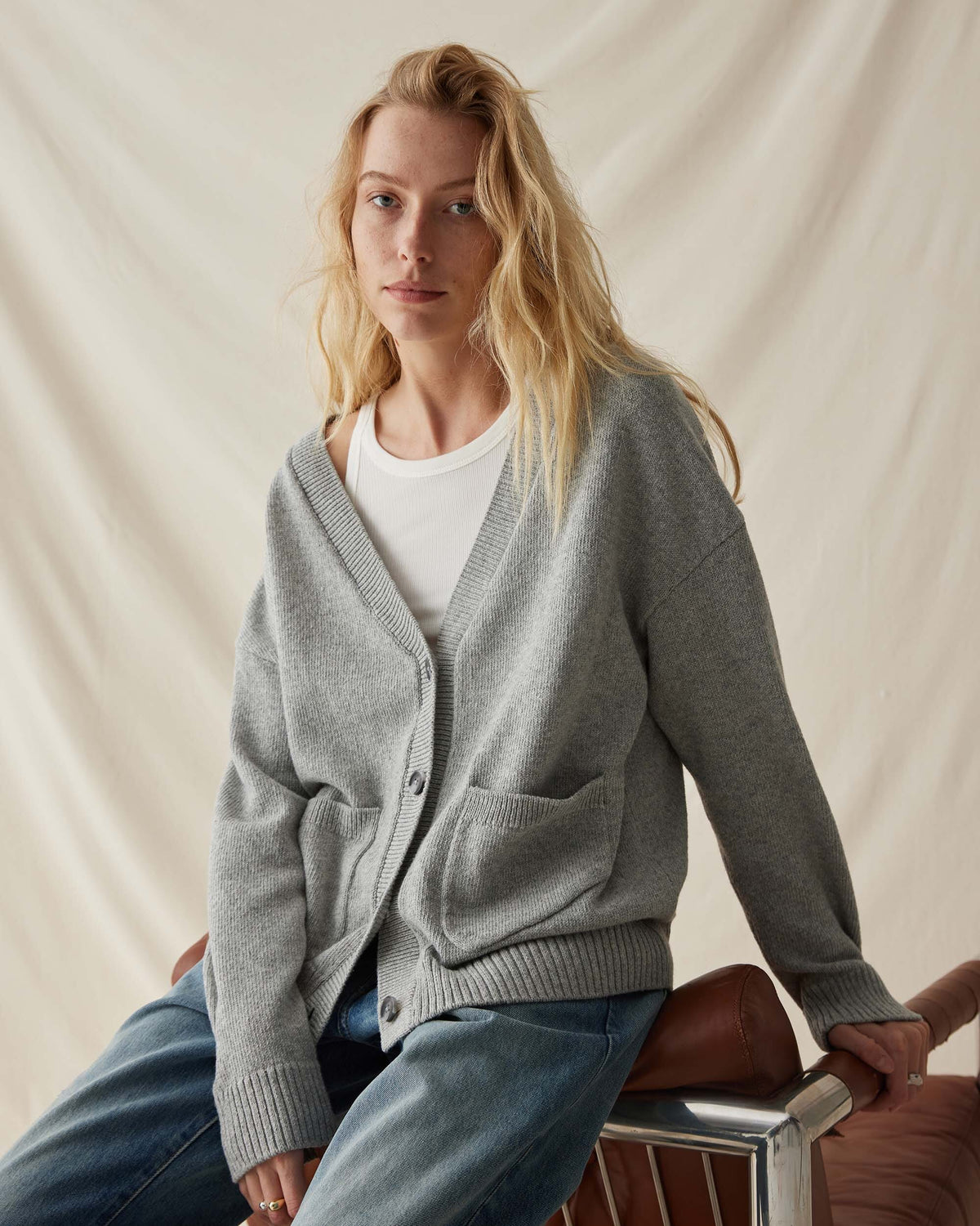 Womens Alexa Lightweight Cardigan - Cotton Sweater Knit - Heather Grey